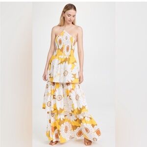 S/W/F Floral One-Shoulder Maxi Dress Smock Tiered XS fits small wedding guest